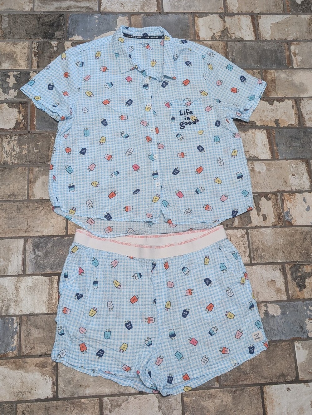 Life is Good Blue Gingham Popsicle Seersucker Pajama Set - Women's Size XL
